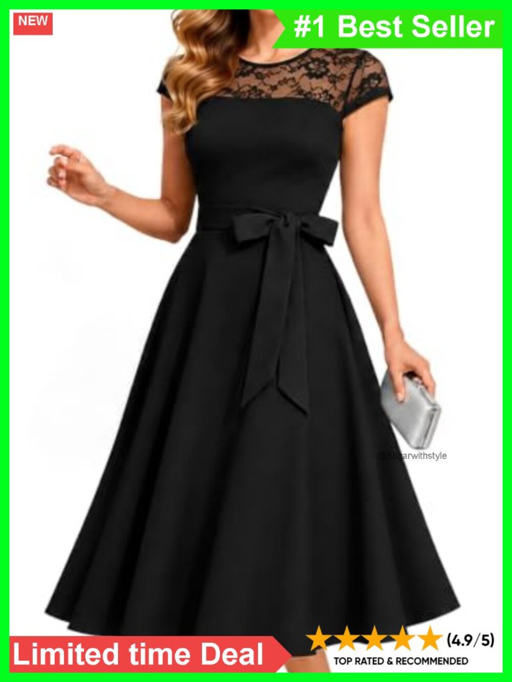 A-Line Midi Cocktail Dress Lace Cap Sleeve Tie Belt